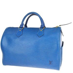 Authentic LOUIS VUITTON LV Logo Speedy 30 Travel Hand Bag Epi Leather Blue